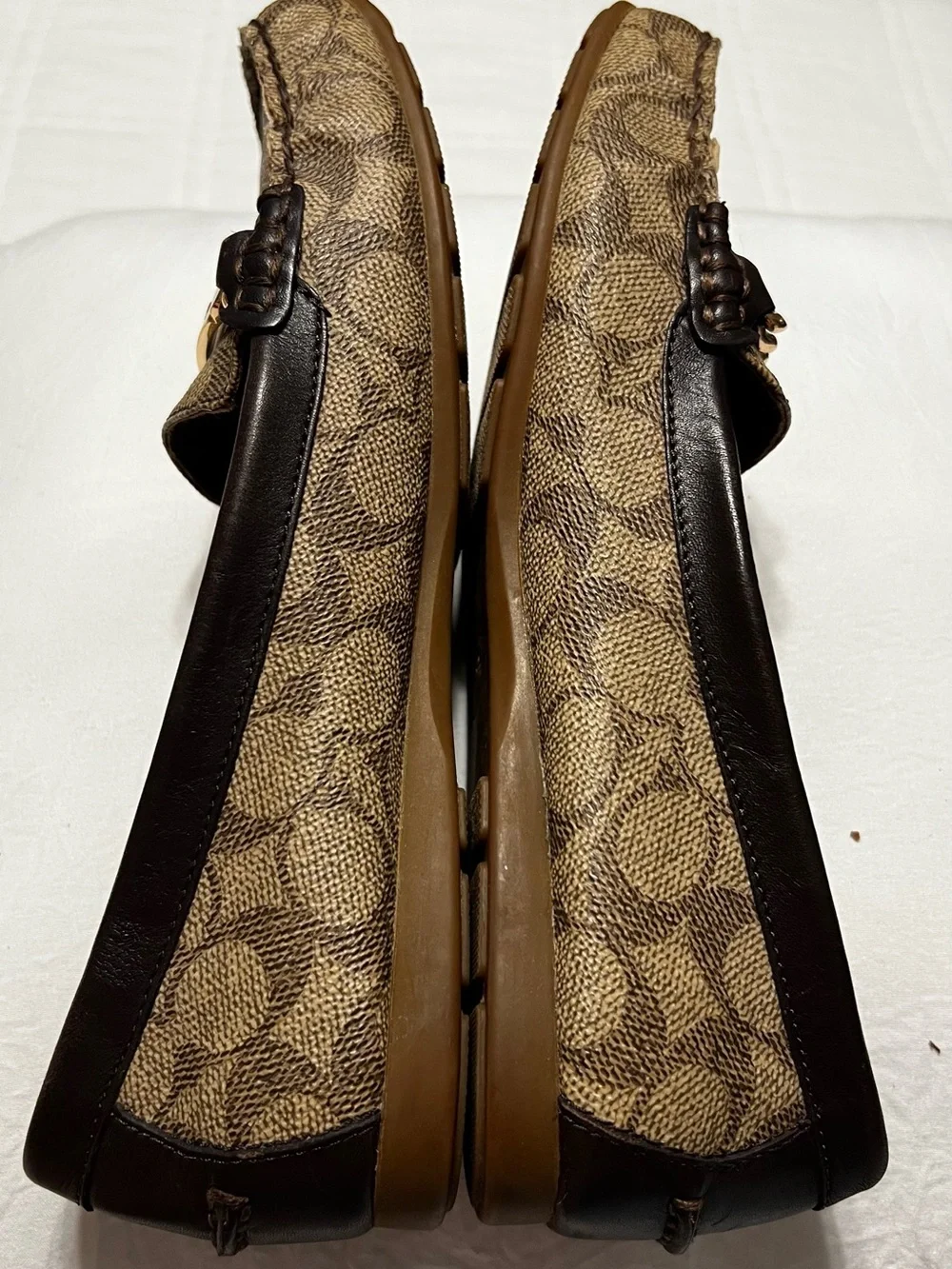 Coach Olive Tan Brown Loafers with Signature Monogram & Gold Chain | Women’s 9